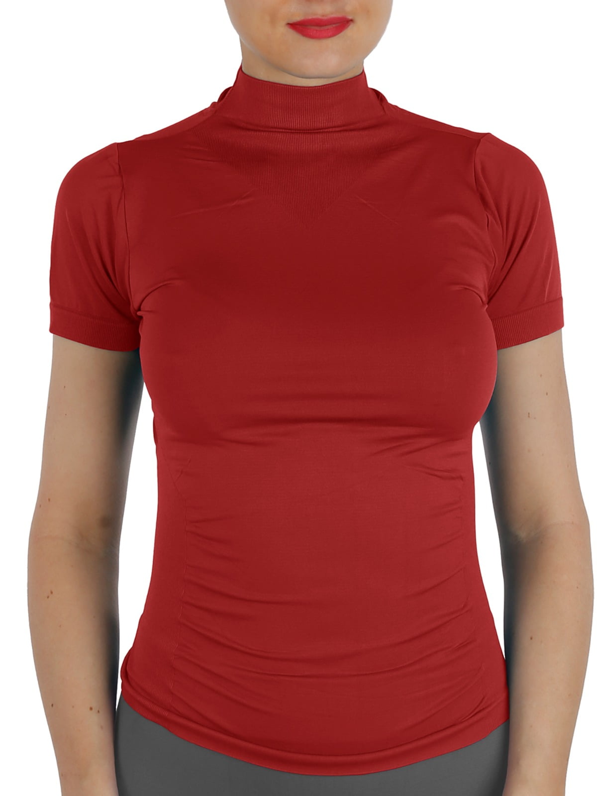 AllyCat Women Short Sleeves Mock Neck Turtleneck Top Stretchy Side Ribbed Slim Fit Tight Shirts