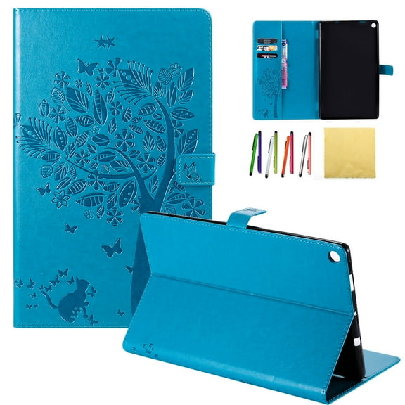 Fire HD 10.1 2017 & 2015 Case, Allytech Embossed Cat & Tree PU Leather Stand Folio Wallet Case Cover with Credit Card Slots for Amazon Fire HD 10.1 (5th/7th Generation, 2015 & 2017), Blue