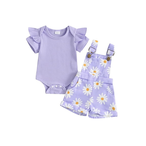BemeyourBBs Newborn Baby Girls Summer Clothes Infant Baby Girl 2 Piece Outfit Daisy Bib Overalls Set Short Sleeve Rib Knit Romper With Flower Print Suspender Shorts Set Pockets