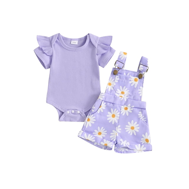 Gupgi Baby Girls Overalls Set, Infant Short Sleeve Ribbed Romper+Flower Print Suspender Shorts with Pockets