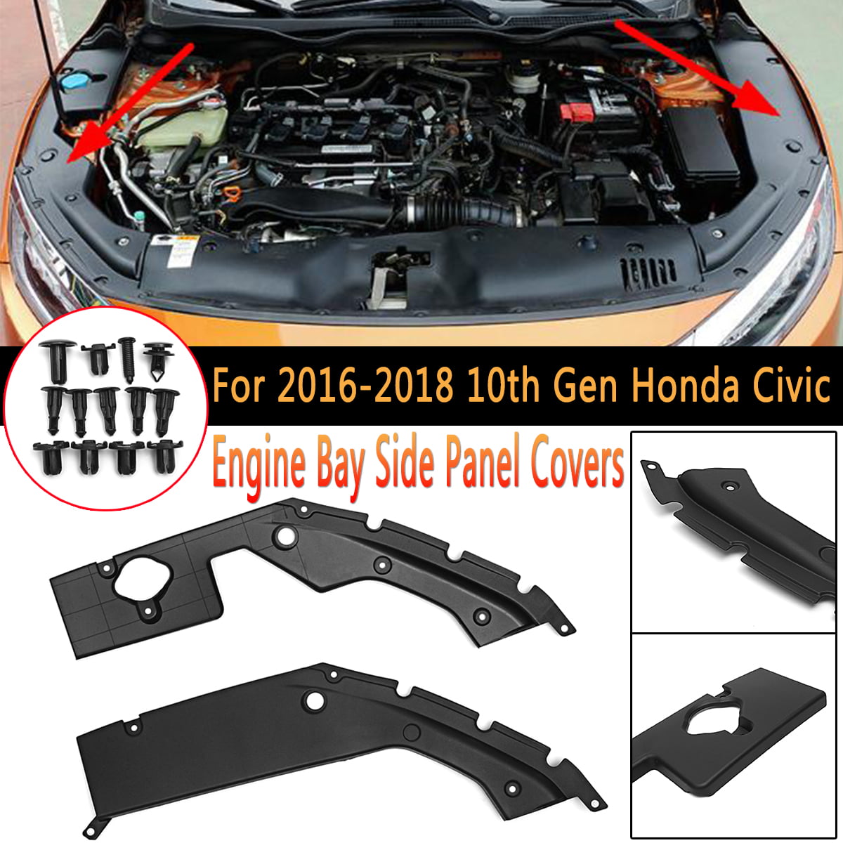 Engine Bay Side Panel Covers For Honda Civic 2016 2017 2018 Unpainted ABS Long Version X Gen 10 Generation Left and Right Pair 