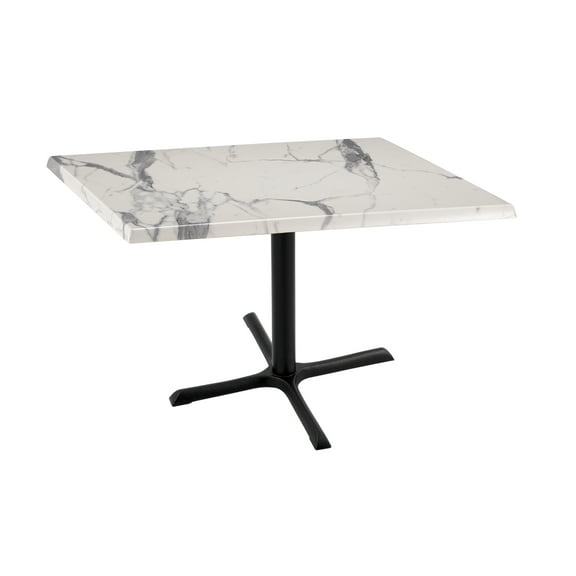 Indoor/Outdoor 30" Tall OD211 Black Table Base with 30" x 30" Foot and 36" x 36" Square Indoor/Outdoor White Marble Top by the Holland Bar Stool Co.
