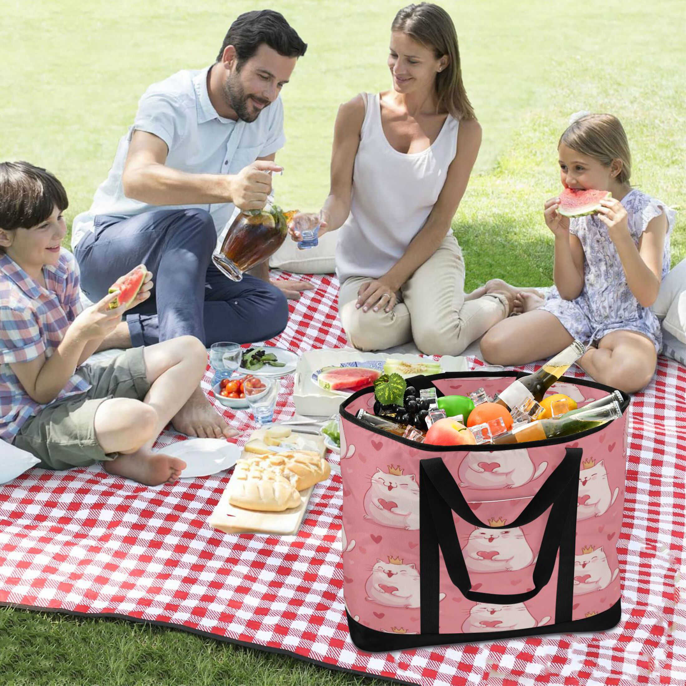 Extra-Large Wide Opening Design Capacity Hand-Held Ice Pack Thickened Insulation Layer For Long-Lasting Cold Retention For Outdoor Shopping Picnics And Camping White Fat Cat