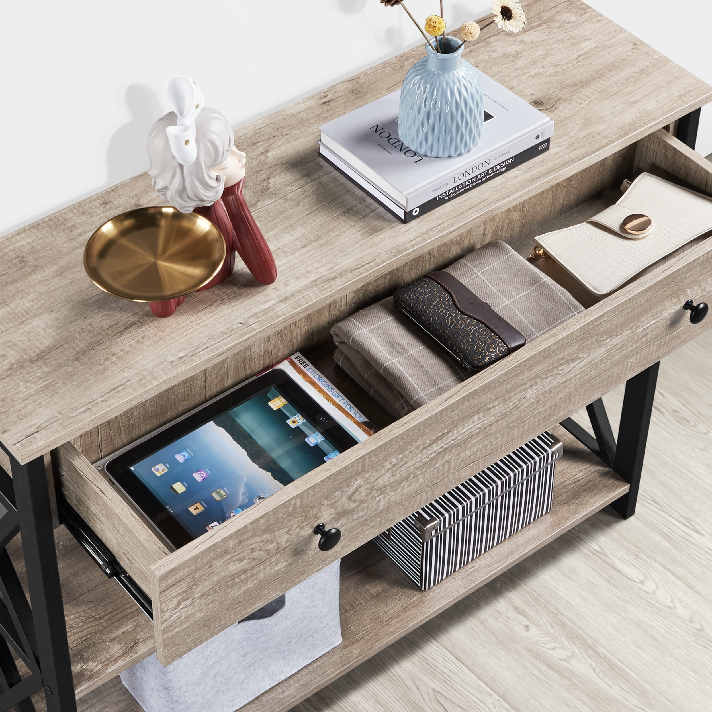 Alden Design Wood and Iron Console Table, 1 Drawers and 2 Shelves, Rustic Gray with Dark Frame