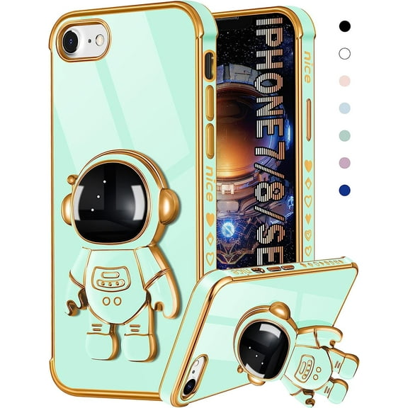 for iPhone SE 2022/2020/8/7 Case Astronaut Cute for Women Girls Girly Unique Light Green Phone Cases with Astronaut Hidden Stand Kickstand 6D Design Cover for iPhone 7/8/SE 4.7 inch