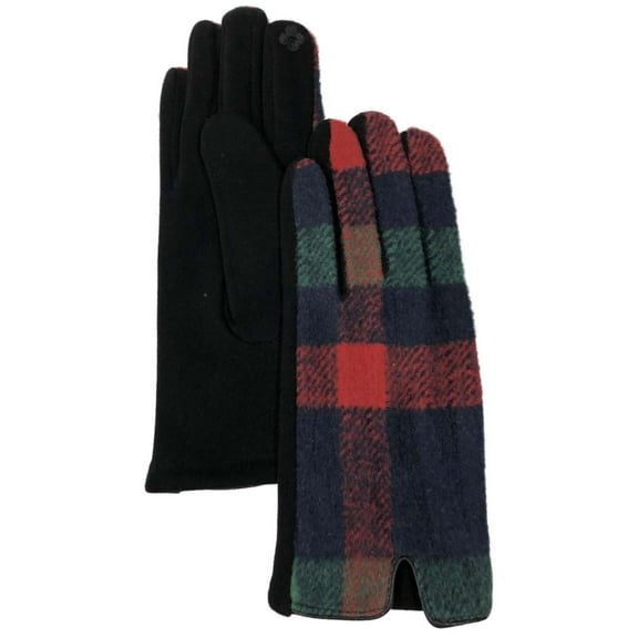 Womens Red Blue & Green Plaid Stretch Fit Text & Tech Touchscreen Gloves