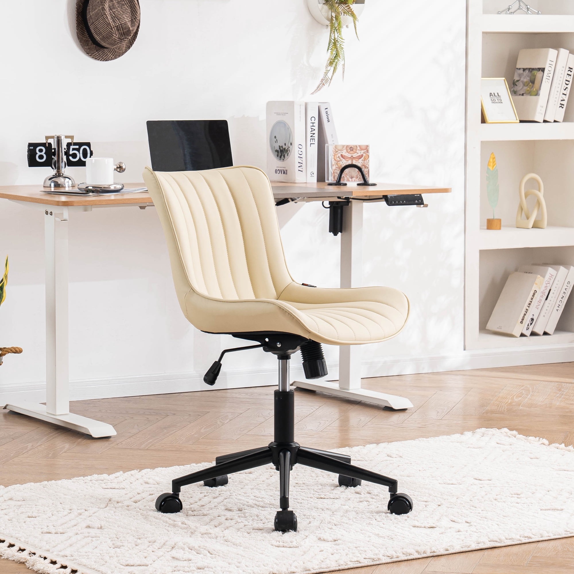 YOUNIKE Cute Armless Office Desk Chair Modern Upholstered Faux Leather Swivel Task Chair, Beige