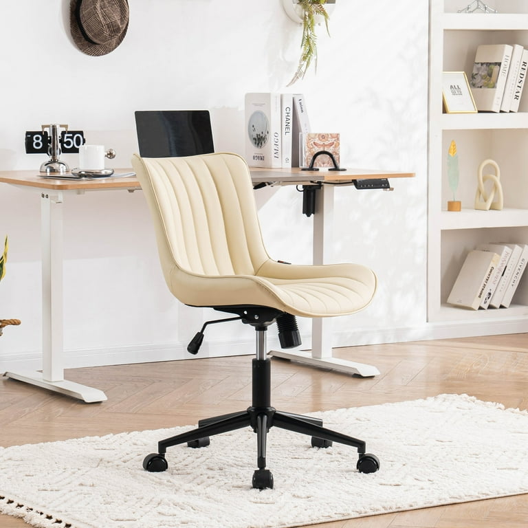 YOUNIKE Cute Armless Office Desk Chair Modern Upholstered Faux Leather Swivel Task Chair Beige