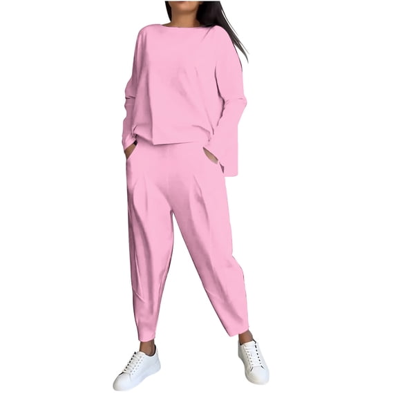 ZToonmas Women's 2 Piece Outfits Solid Crew Neck Long Sleeve Top and Harem Pants Set with Pockets Casual Loungewear