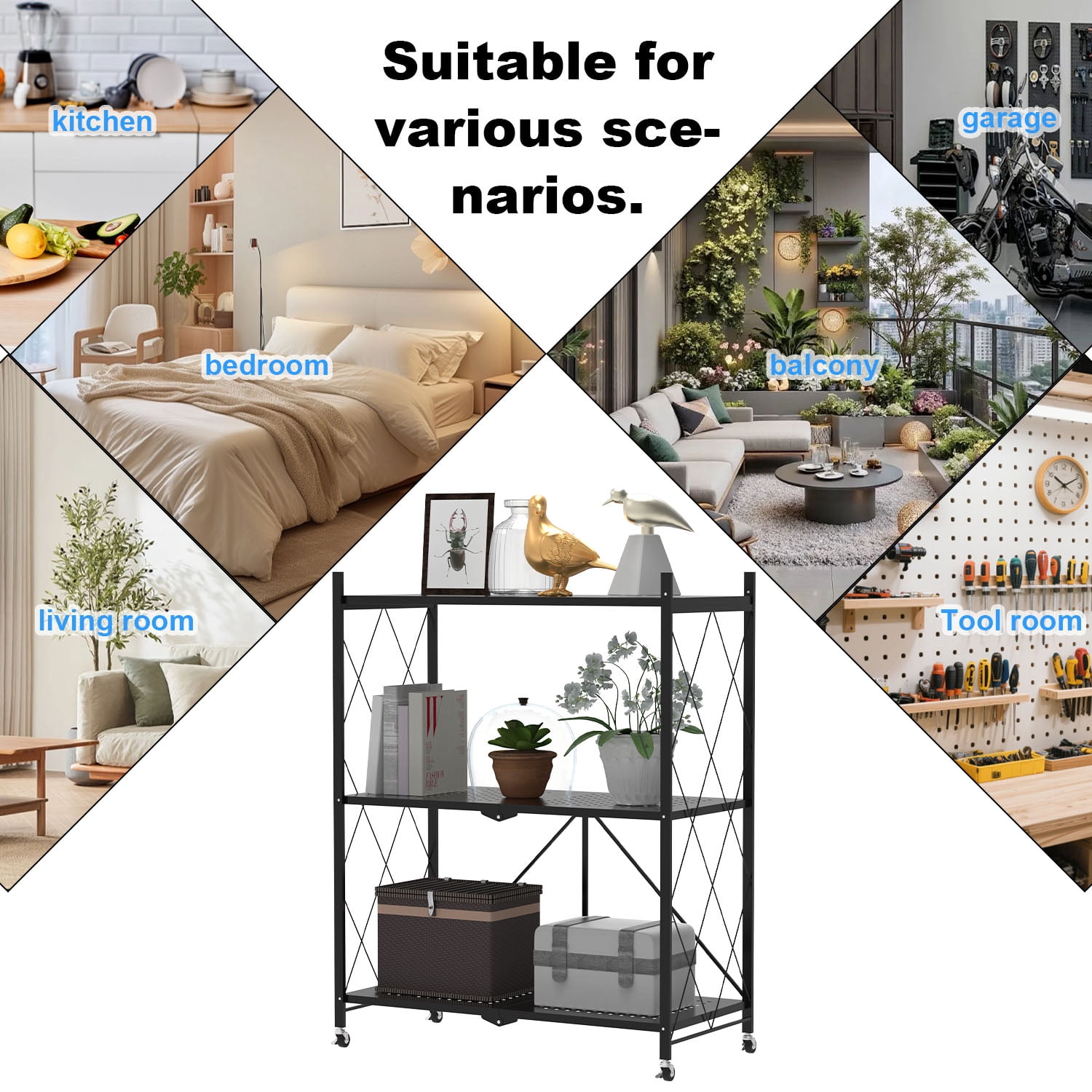 3 Tier Foldable Shelf with Wheels, Portable Carbon Steel No Assembly Organizer, Collapsible Rolling Standing Utility Storage Rack for Kitchen Pantry Office, Black