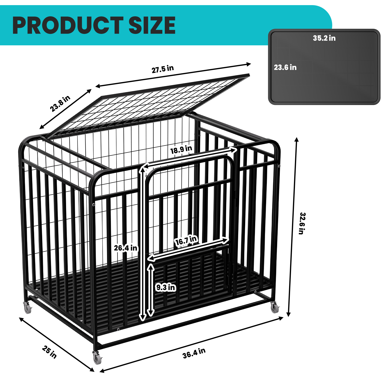 43.5 Inch Heavy Duty Dog Crate Kennel with Wheels, 200lbs Capacity, Escape Proof Dog Cage,Dog Crates with Removable Plastic Tray