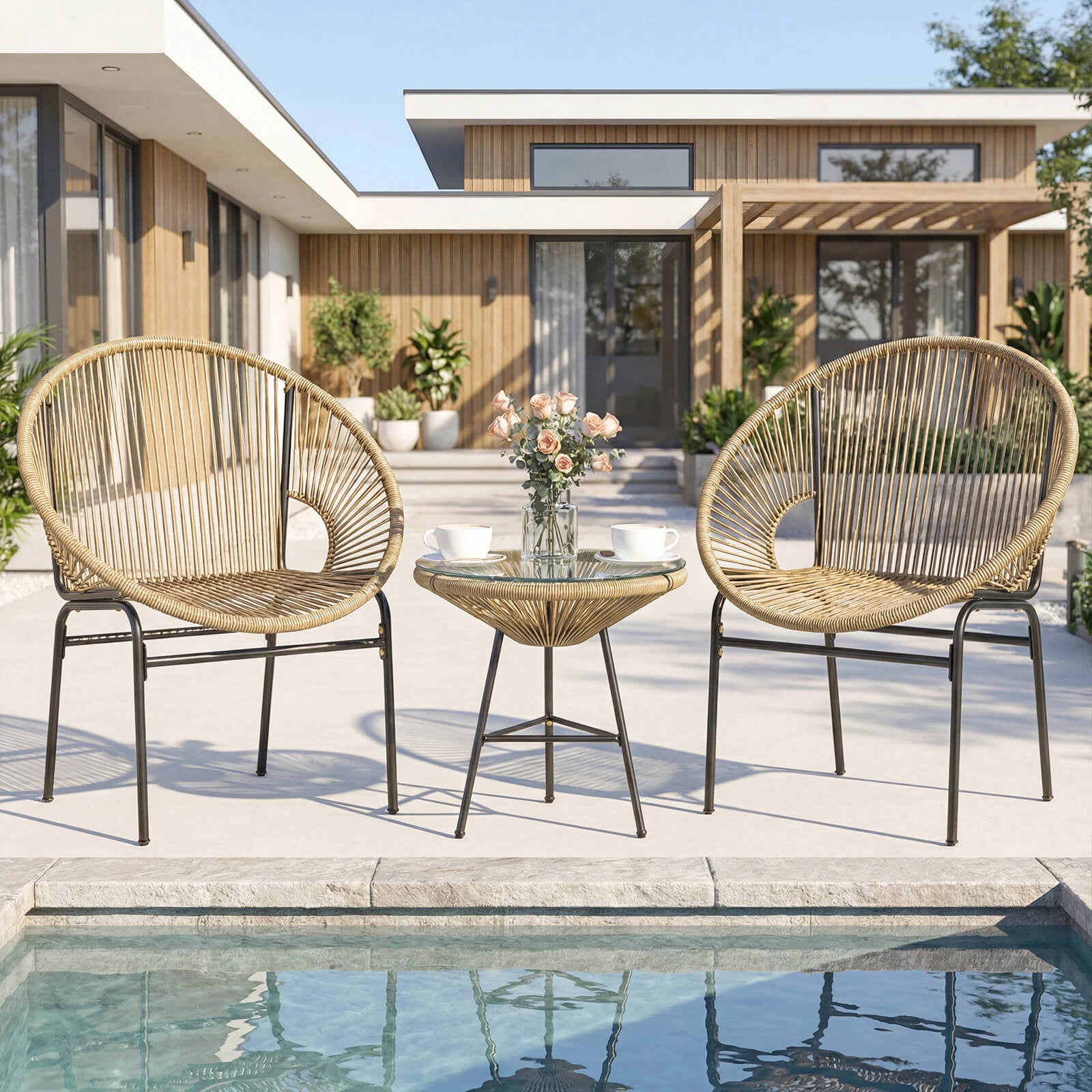 Costway 3-Piece Wicker Patio Bistro Set,Outdoor Acapulco Chairs and Tempered Glass Table Beige + Black