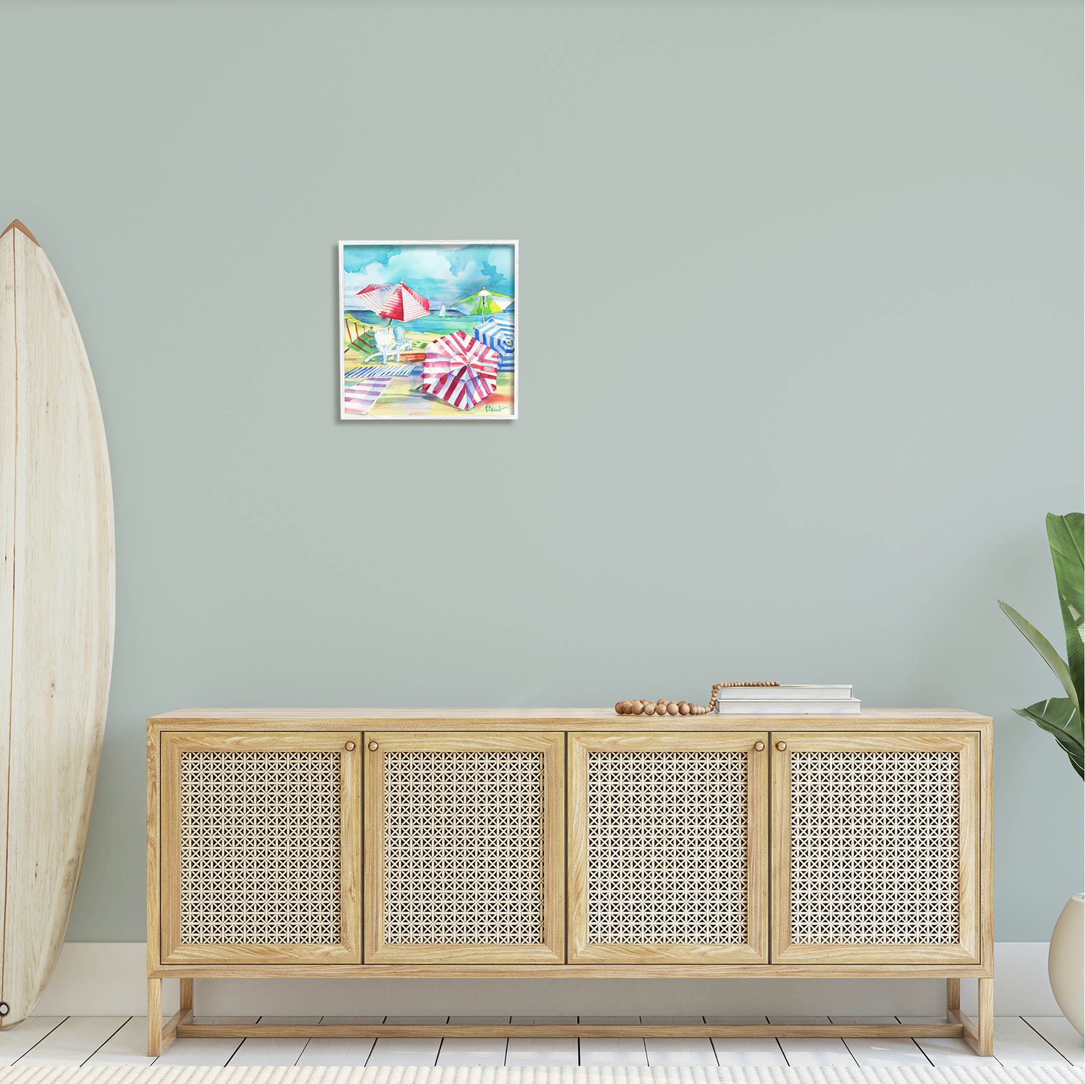 Stupell Industries Ventura Beach Stripped Umbrellas Painting White Framed Art Print Wall Art, Design by Paul Brent