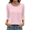 thumbnail image 2 of Womens Shirts 3/4 Sleeves Fashion Solid T-Shirt Women's Three Quarter Sleeve Blouse Round Neck Casual Pleated Tunic Tops, 2 of 4