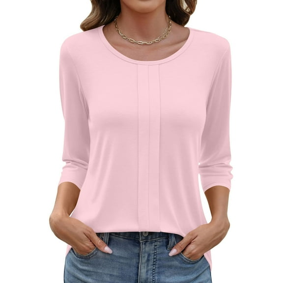 Womens 3/4 Length Sleeve Shirts Crewneck Spring Summer Pleated Tops Casual Beach Vacation T Shirts Pink 2XL