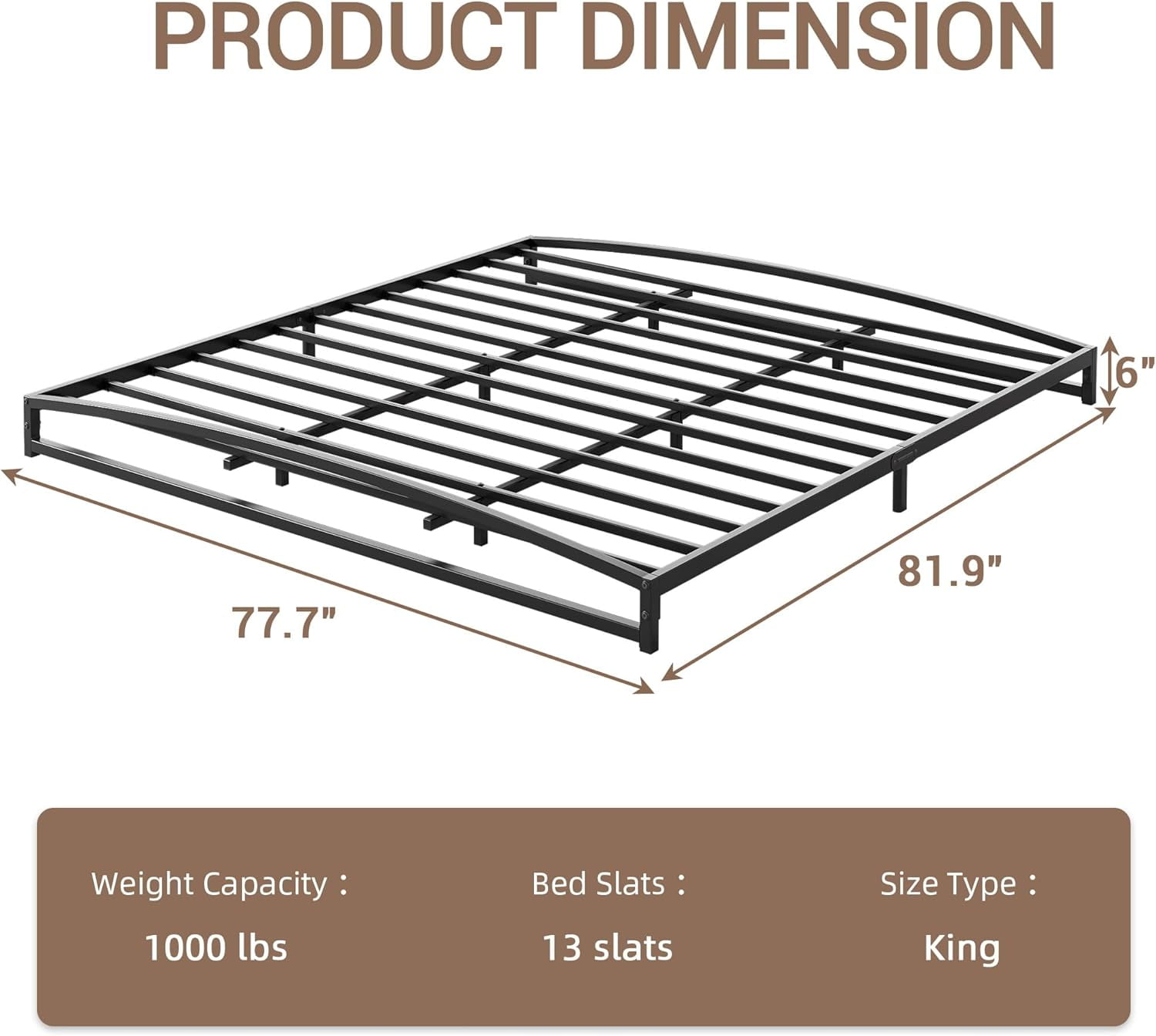 Low Profile King Bed Frame, 6 Inch Heavy Duty Metal King Size Platform Bed Frame, Mattress Foundation with Steel Slat Support, No Box Spring Needed, Easy Assembly, Black
