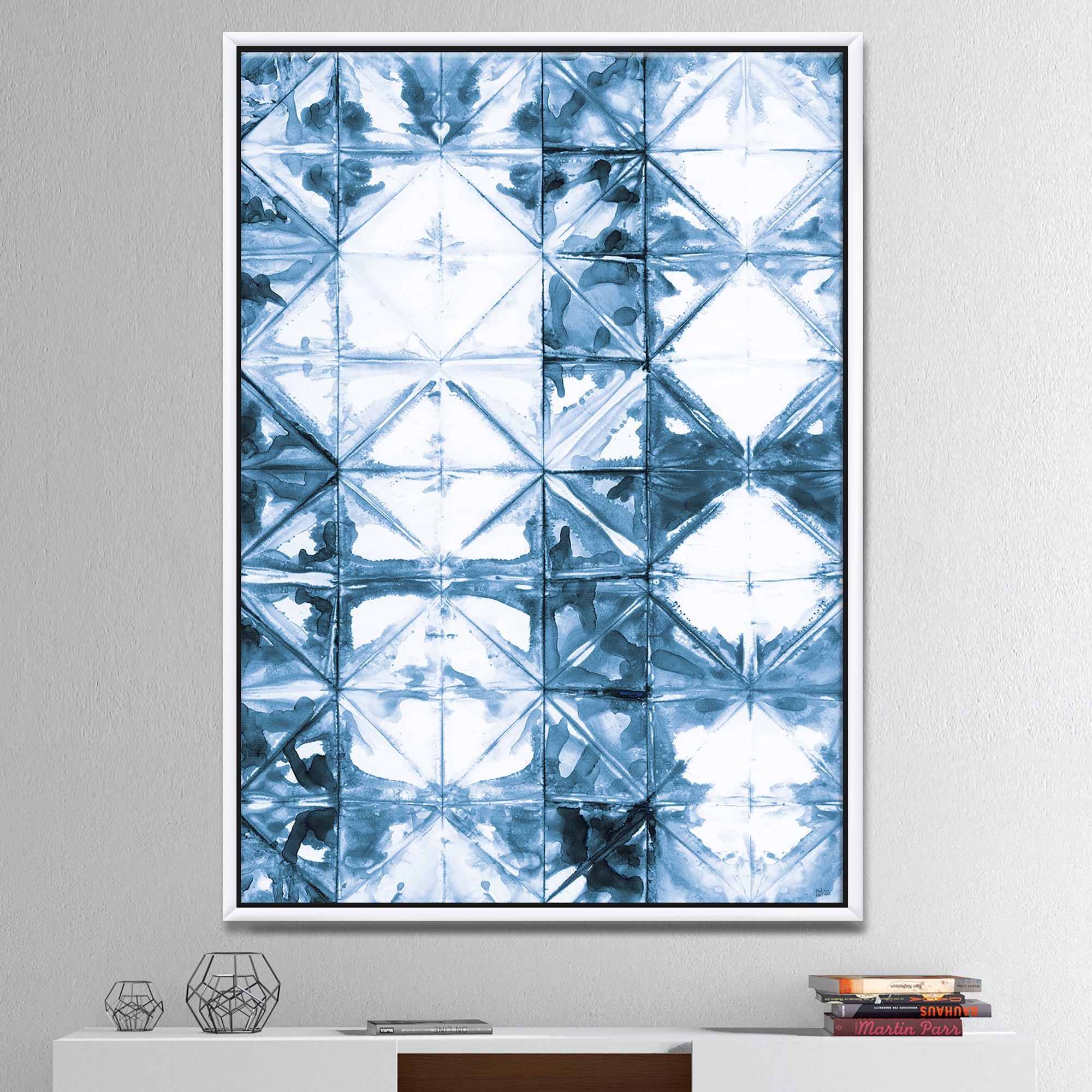 Designart ' Indigo watercolor geometrical I ' Contemporary Framed Canvas
