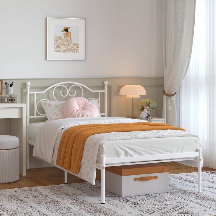Yoneston Kids Twin Size Heavy Duty Metal Platform Bed Frame with Love-Heart Shape Headboard for Bedroom Furniture, White