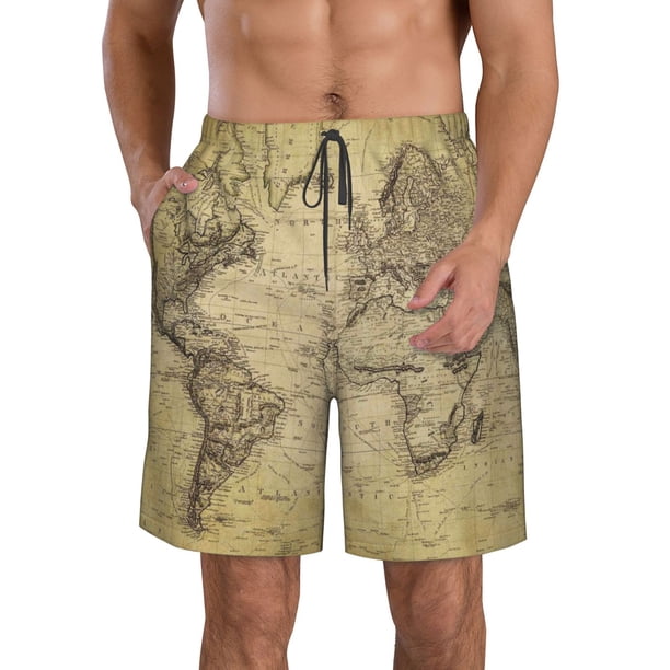Balery Vintage World Map Traje de Baño Estilo Hawaiano para Hombre, Shorts de Secado Rápido con Bolsillos-3X-Large