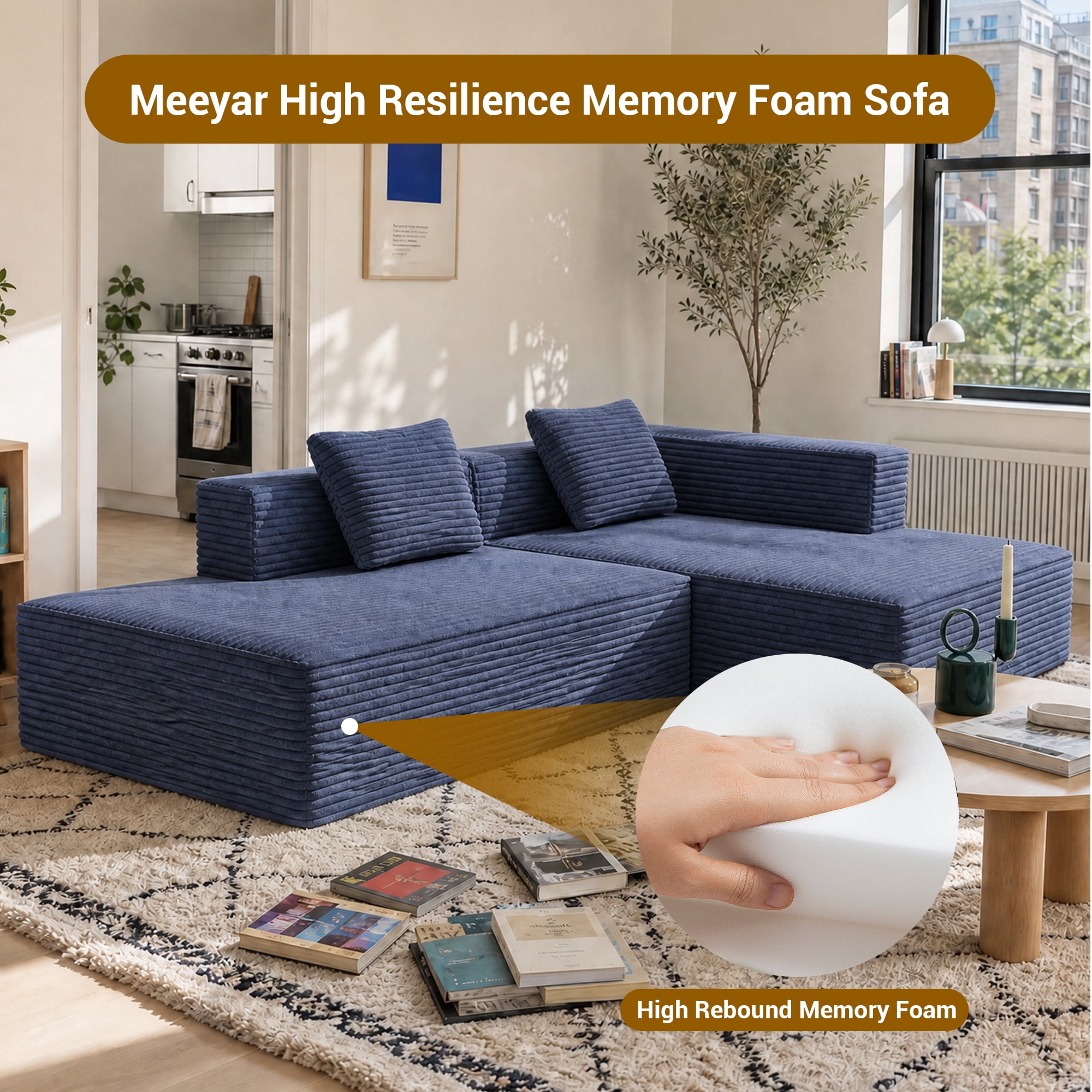 Meeyar 91" Boneless Modular Sectional Sofa with L Shaped Chaise, Cloud Couch for Living Room, Navy Blue