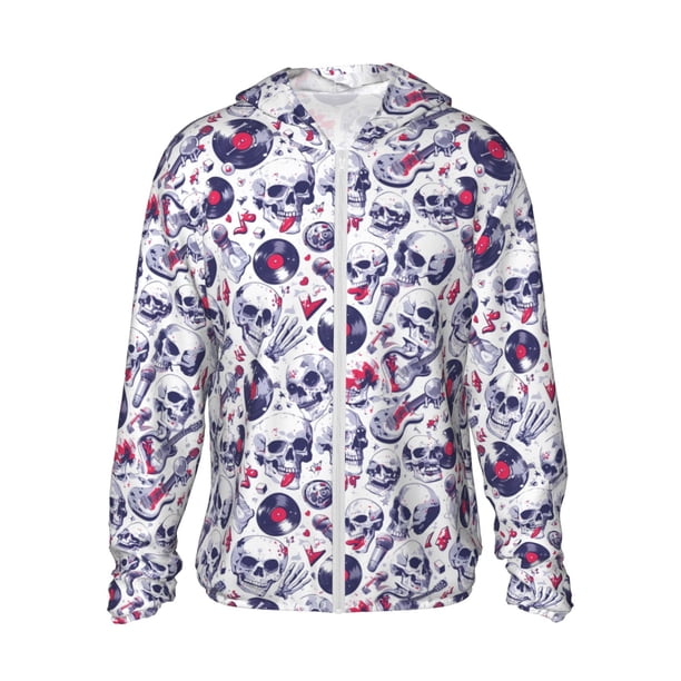 Balery music Skull record mike Sudadera ligera de manga larga con capucha y protección solar UPF 50+ para hombre y mujer, ideal para pesca y running-3X-Large