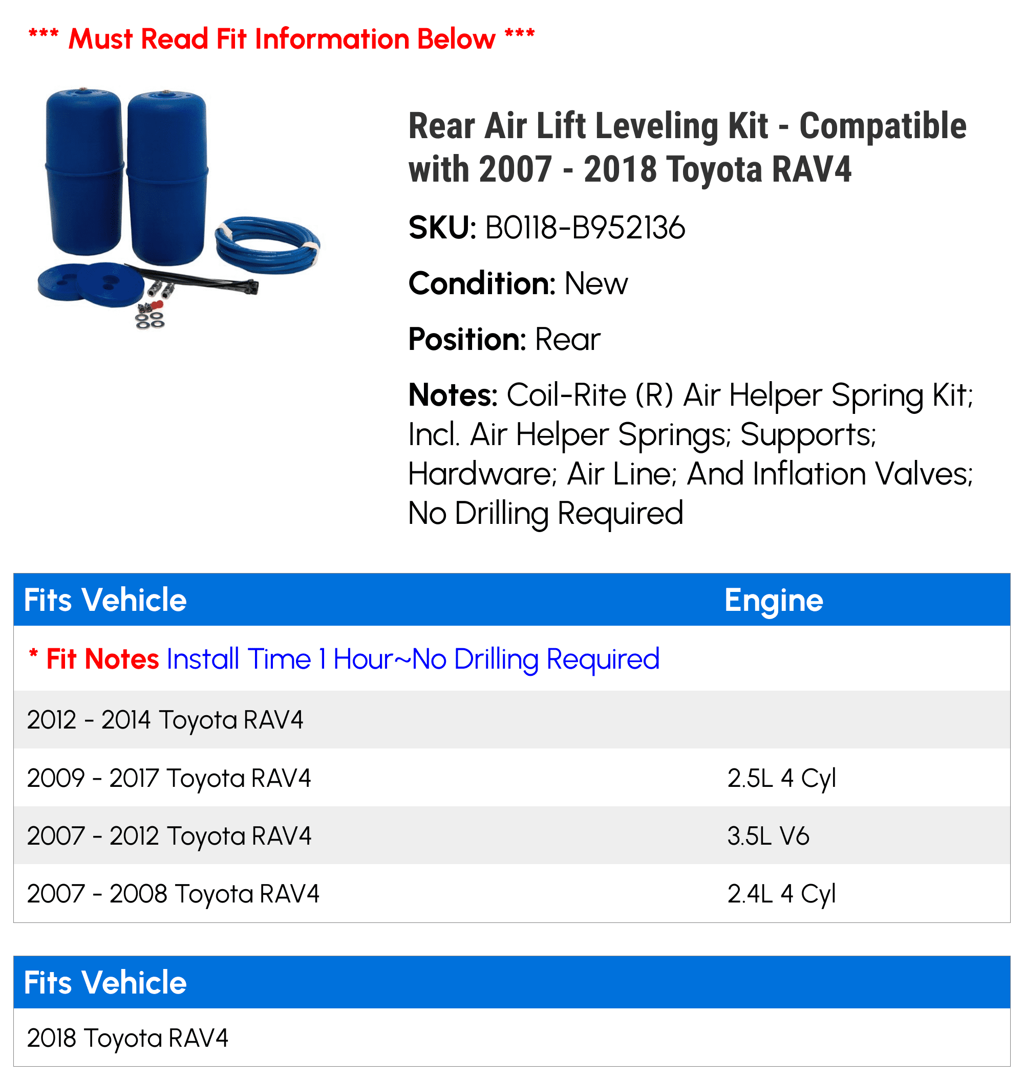 Rear Air Lift Leveling Kit - Compatible with 2007 - 2018 Toyota RAV4 2008 2009 2010 2011 2012 2013 2014 2015 2016 2017