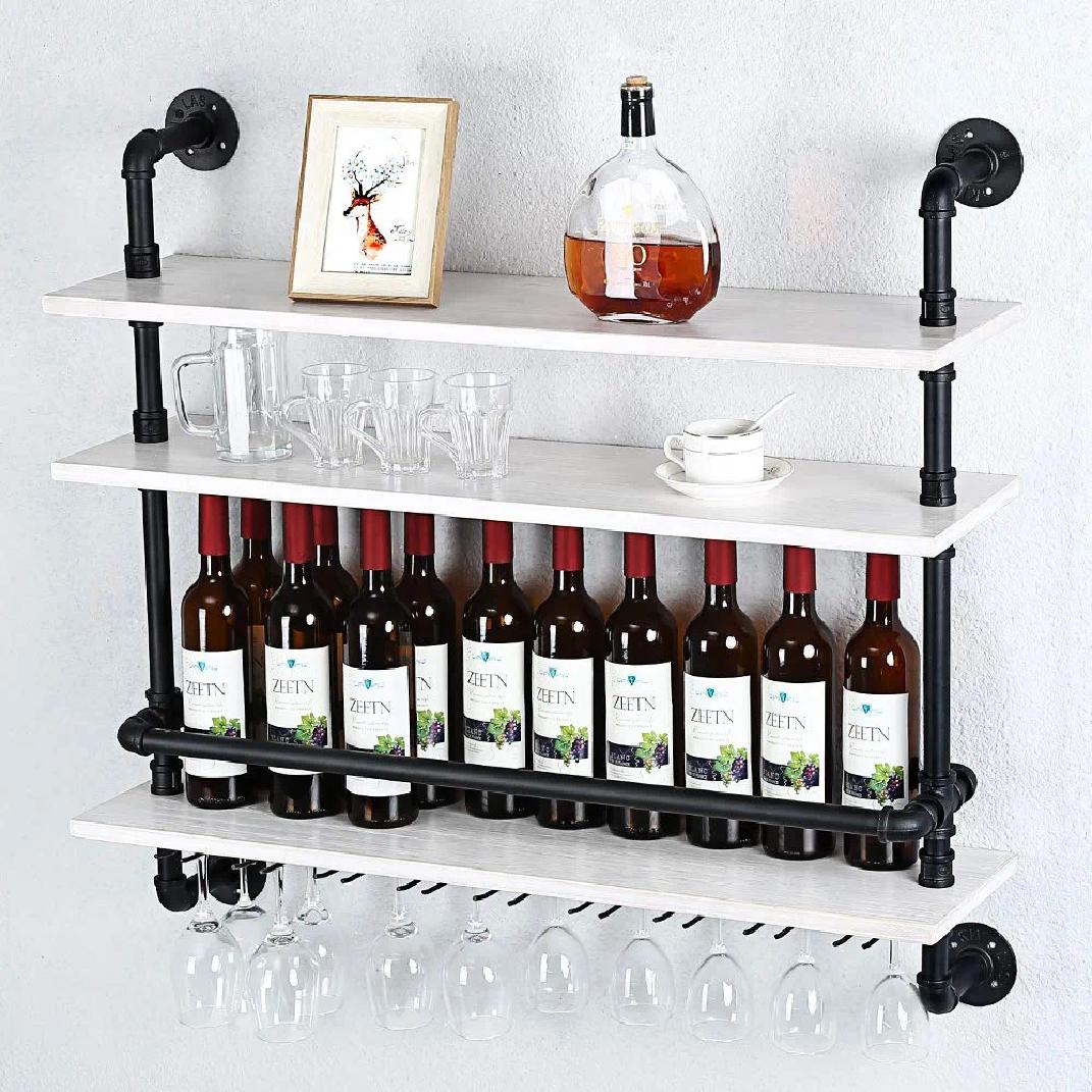 Industrial Hanging Wine Glass Rack Wall Mounted,Rustic Wine Glass Holder ,Pipe Shelving Wood