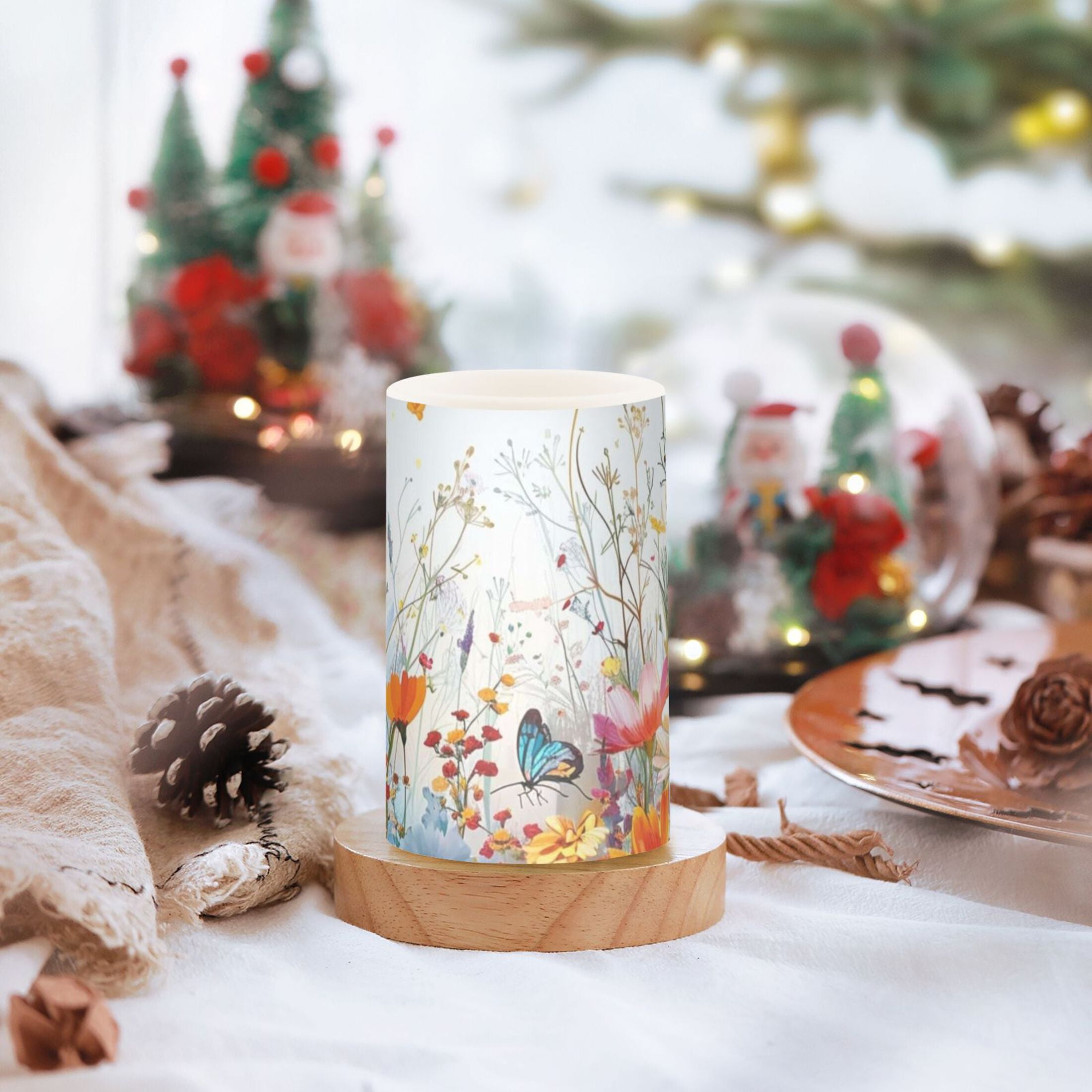 Spring Flower Flickering Flameless Candles Battery Operated with Remote Timer LED Pillar Candles Set of 2
