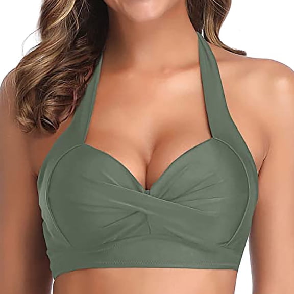 WREESH Womens Bikini Tops Push Up Padded Swimsuit Top Solid Color Swimsuit Halter Backless Bathing Suits Green