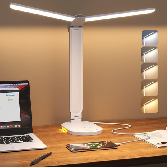 Govvep Foldable Dual Head LED Desk Lamp, 5-Level 1000LM Brightness, Adjustable Arms for Reading/Study