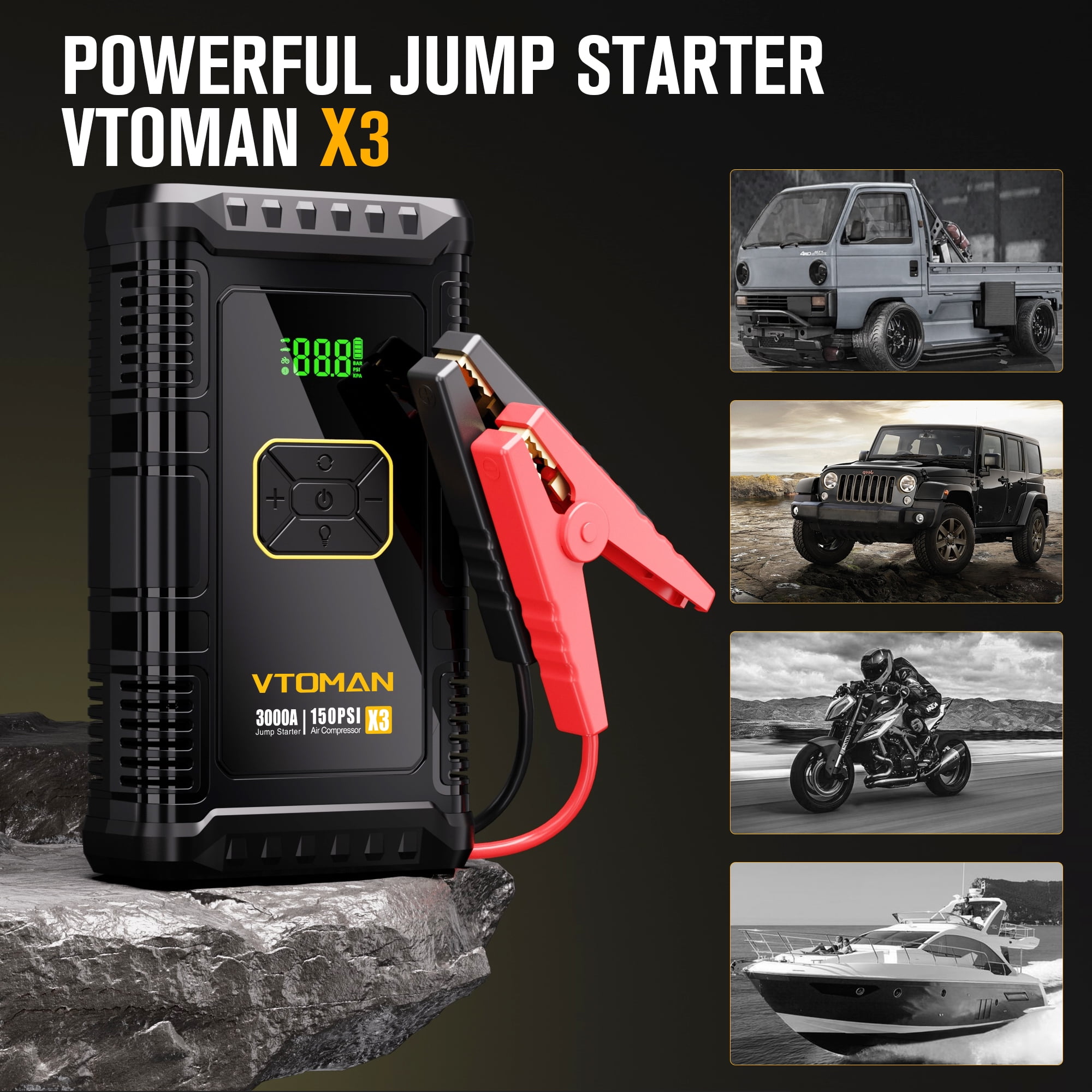 VTOMAN X3 Jump Starter with Air Compressor, 3000A Car Battery Jumper Starter (Up to 8.5L Gas/6L Diesel Engine) with 150PSI Auto Tire Inflator, 12V Portable Booster Pack, Lithium Jump Box Charger