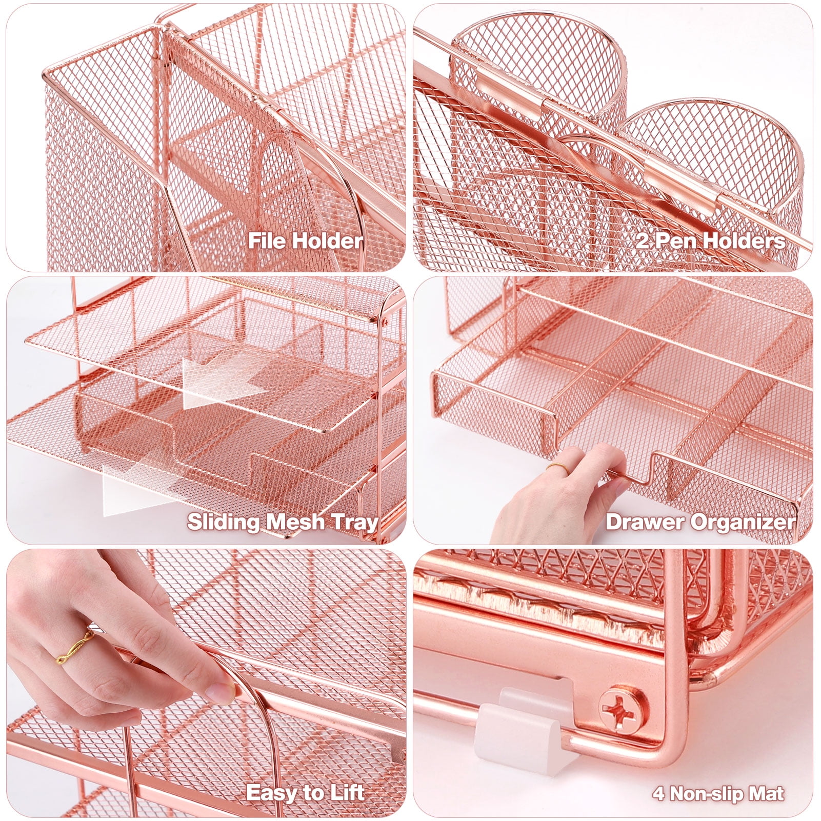 Livhil Desktop Organizer 4-Tier Desk Organizers Sets and Storage, File Organizers for Desk Drawer Organizer, Paper Organizer for Desk (Rose Gold)