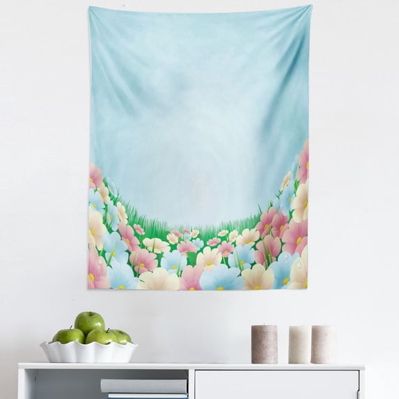 Garden Tapestry, Curvy Fresh Meadow with Pastel Colored Daisies Pansies Yard Growth Countryside Art, Fabric Wall Hanging Decor for Bedroom Living Room Dorm, 5 Sizes, Multicolor, by Ambesonne