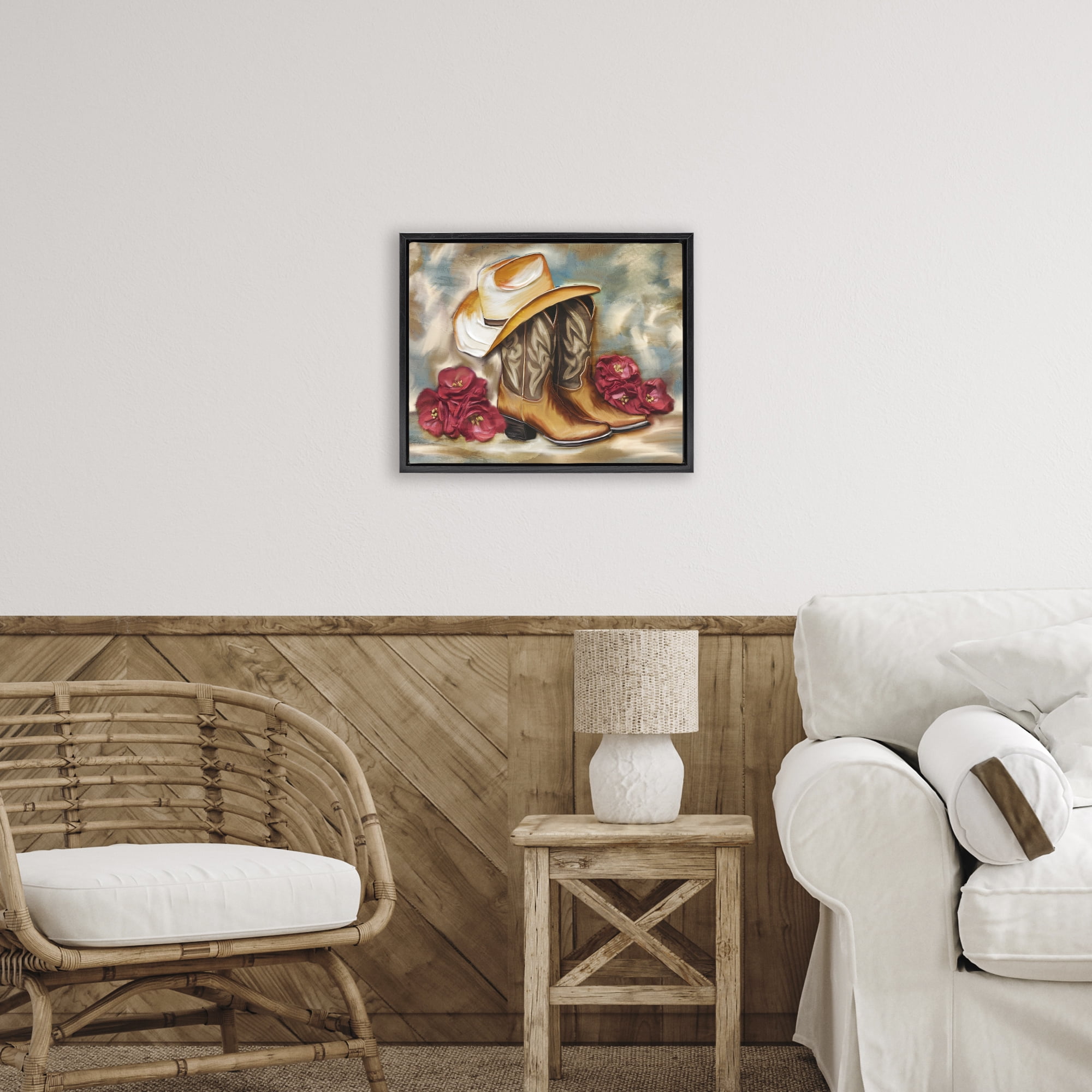Boots & Floral Bunches Black Framed Floater Canvas Wall Art, design by Kim Allen