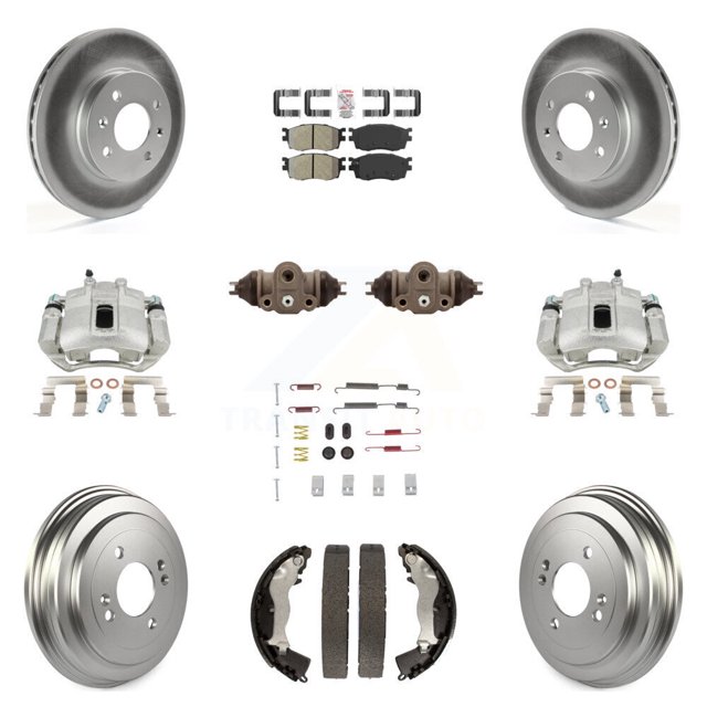 Transit Auto Front Rear Disc Brake Caliper Coated Rotors Drums Semi-Metallic Pads Shoes Wheel Cylinders and Hardware Kit (11Pc) for Car Hyundai Accent Kia Rio Rio5 KCG-101284N