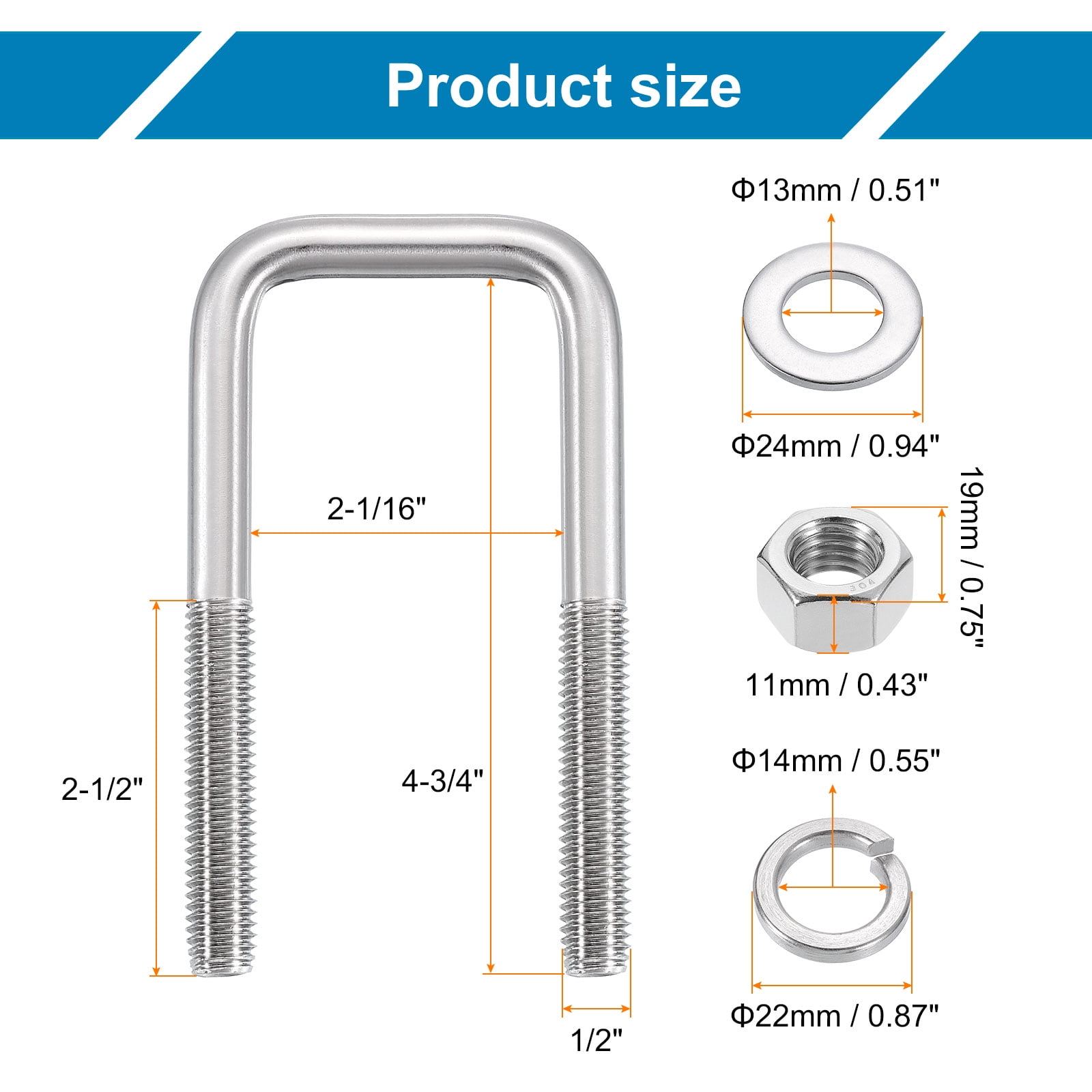 Uxcell U Bolts, 4 Set 2-1/16" x 4-3/4" - 304 Stainless Steel Square U Bolt with Washers and Nuts, Heavy Duty U-Bolts for Boat Trailer Ski Boat Trailer Sailboat Industrial Fasteners