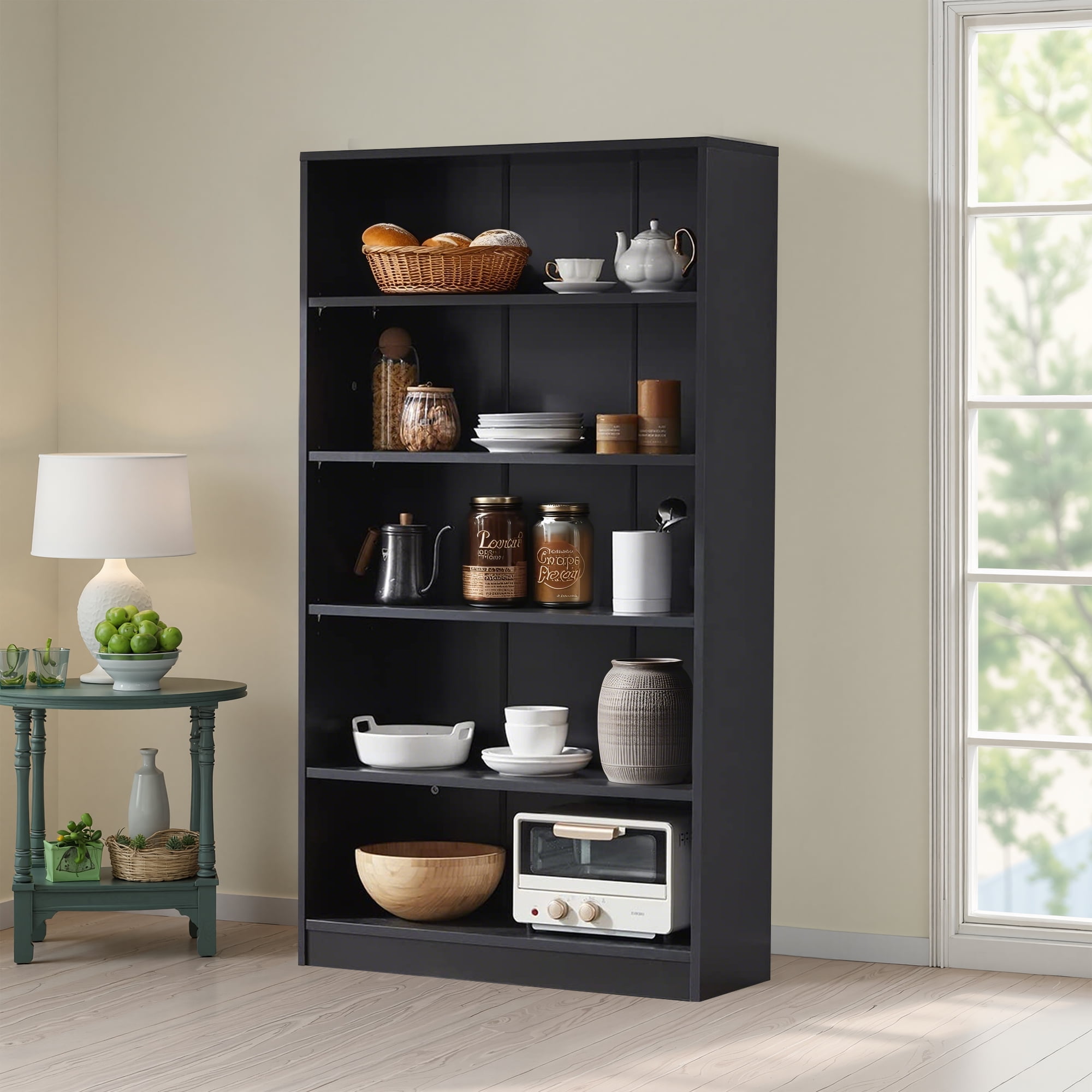 MAYEERTY Black 4-Shelf Modern Wood Bookcase, 48" Tall, for Bedroom, Living Room, and Manga Library