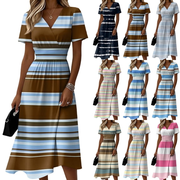 Laqbezok Striped Summer Dress, Casual Short Sleeve Cross V-Neck Midi Dresses, Fashion High Waist Empire Waist A-Line Party Vacation Dress