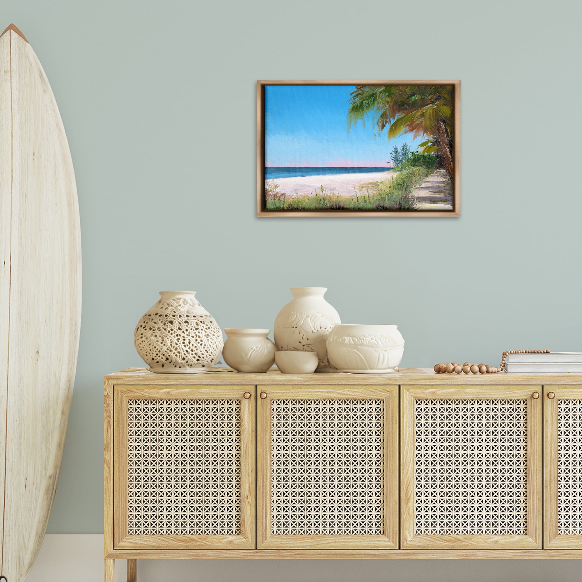 Stupell Industries Tropical Shady Path Landscape & Nature Painting Brown Floater Framed Canvas Art Print Wall Art, 25 x 17