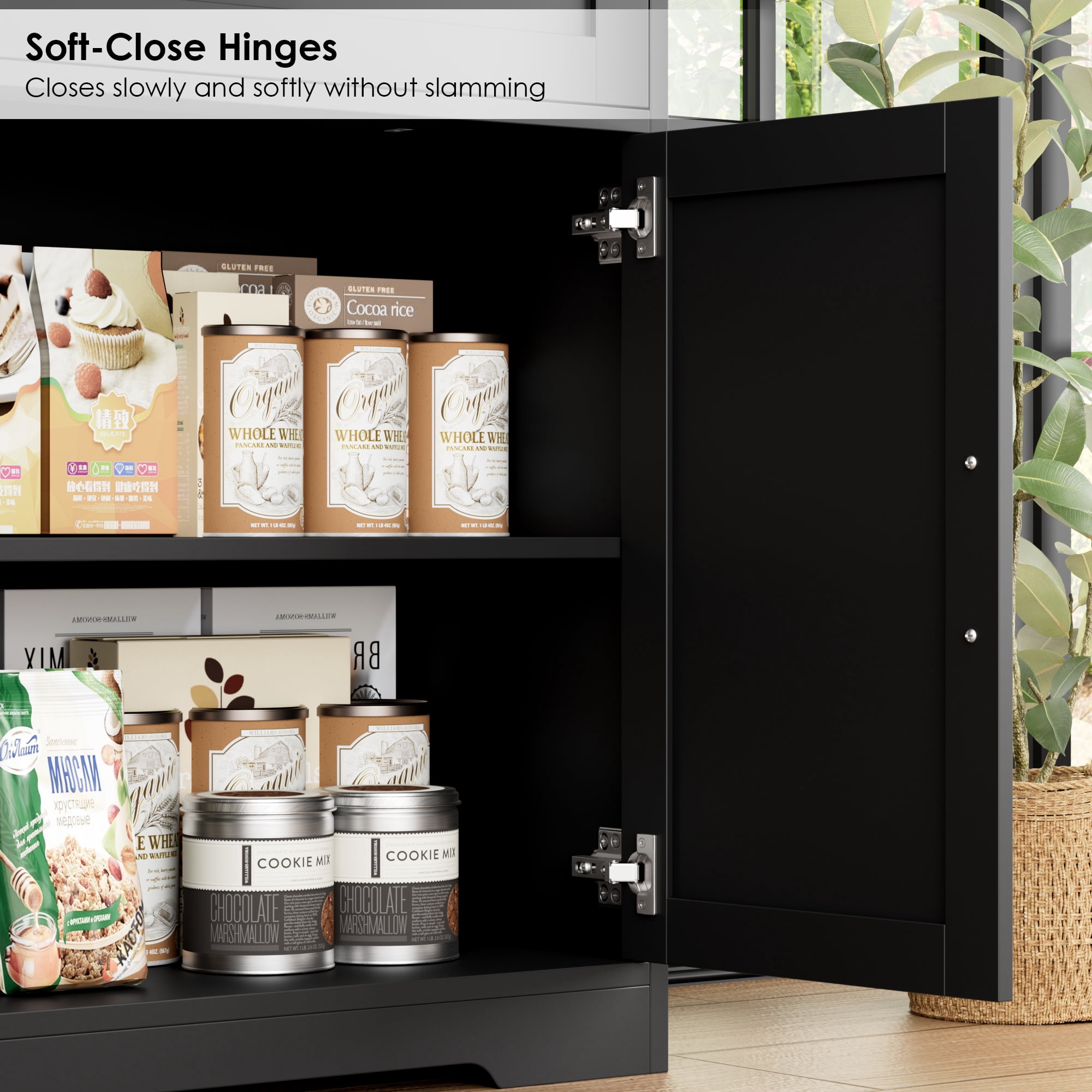 Hiphuta 71"Farmhouse Kitchen Pantry Storage Cabinet, Freestanding Hutch Cabinet with Microwave Stand, Sturdy Pantry Cabinet for Dining Room, Black