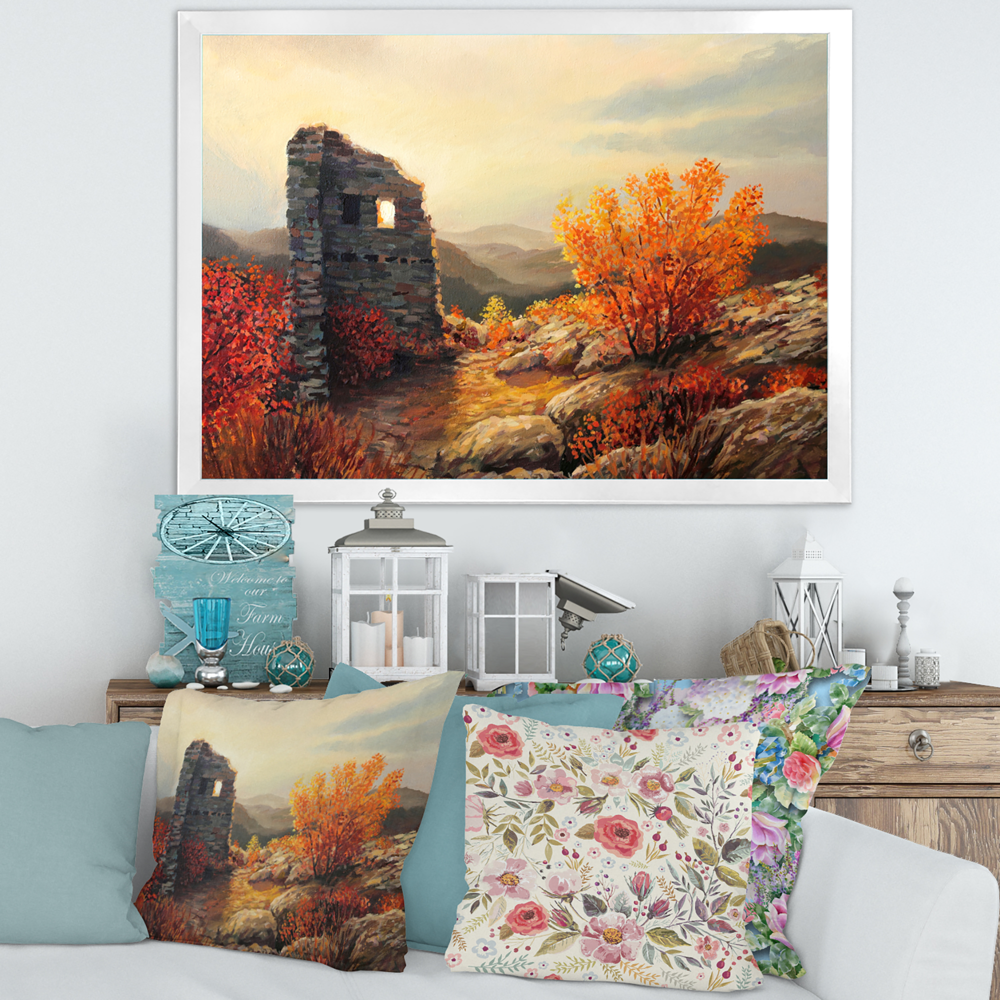 Designart 'Sunset Over Old Fortress Ruins' Farmhouse Framed Art Print
