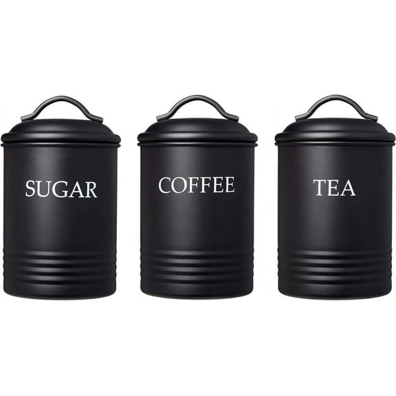 Kitchen Canister Set of 3 Sugar Coffee Tea with lids Food Storage, Black