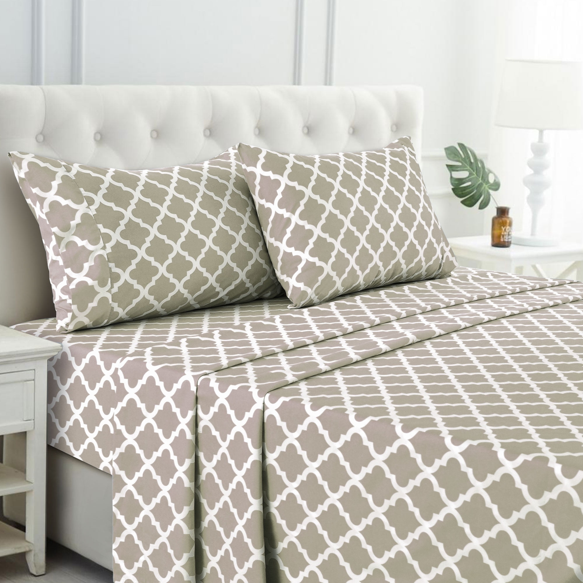 Home Collection Deals Lux Decor Full Bed Sheets Set 4 Piece - Quatrefoil Pattern, Ultra Soft Sheet Deep Pocket Fit, Wrinkle Free, Breathable & Fade Resistant OEKO-TEX Certified, Taupe
