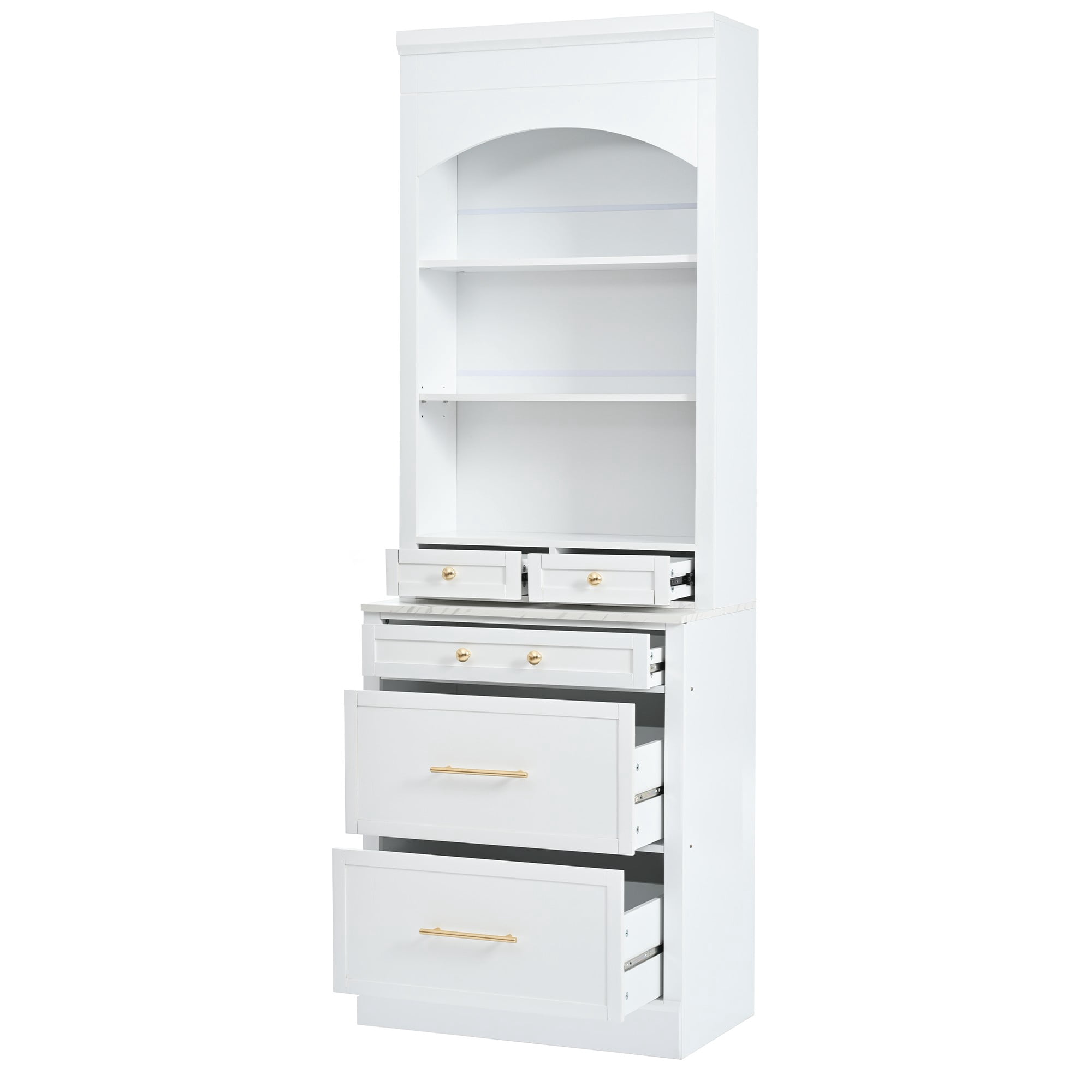 Modern 83.7inch High Kitchen Pantry, Freestanding Tall Kitchen Hutch with Faux Marble Top, Display Cupboard Cabinet with 5 Storage Drawers and Adjustable Shelf (White)