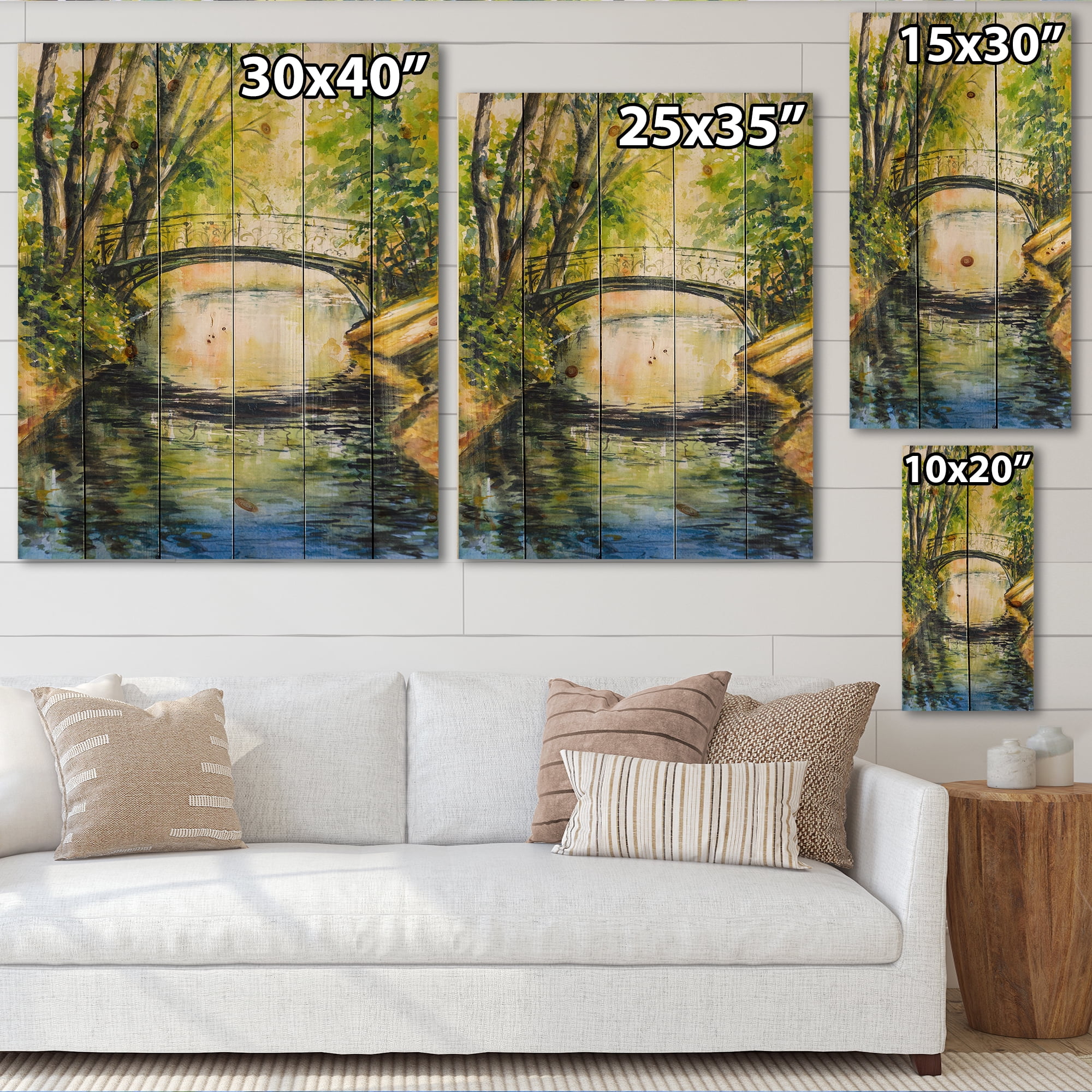 Designart 'Forest Park With Bridge Over Troubled Water' Lake House Print on Natural Pine Wood