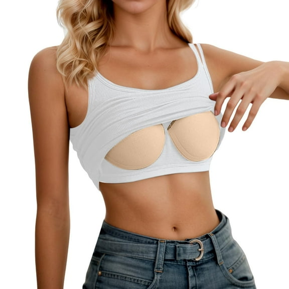 Wang6 Women Cropped Spaghetti Strap Camisole Ribbed Sleeveless Cami Tank Tops Causal Stretchy 2 Straps T Shirts Undershirts White XL