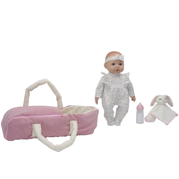 Baby Dreami: 16" Baby Doll Bassinet Playset - White & Pink Floral Onesie, Plush Animal Rabbit Blanket, Carry Bed, Feeding Bottle Toy, Kids-Toddlers 2