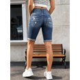 thumbnail image 2 of Women's High Waisted Stretch Denim Bermuda Shorts with Rolled Cuffed Hem and 2-Button Closure, Dark Blue Wash Slim Fit Summer Jean Shorts, 2 of 7