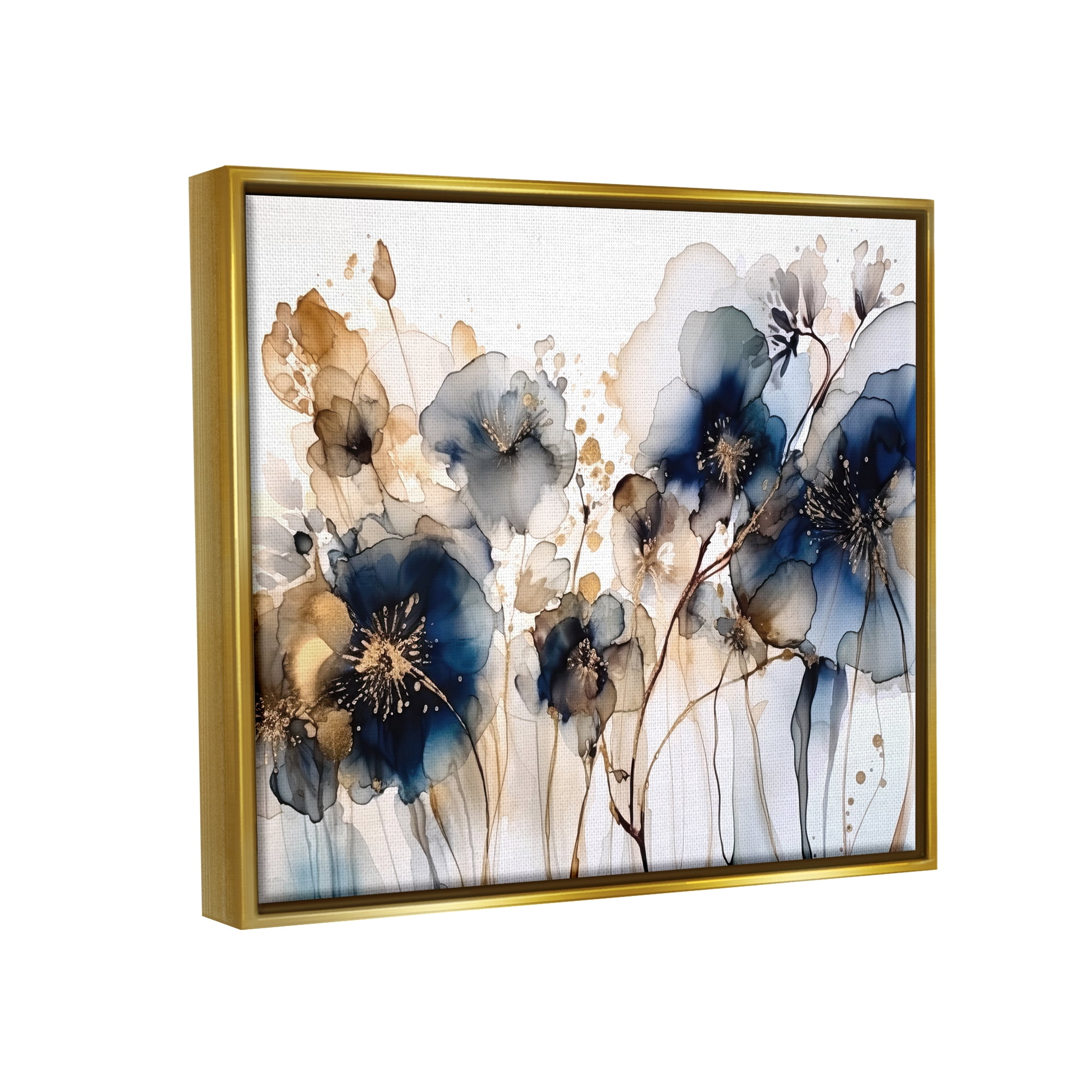 Stupell Industries Navy & Gold Abstraction Botanical & Floral Painting Gold Floater Framed Art Print Wall Art, 21 x 17