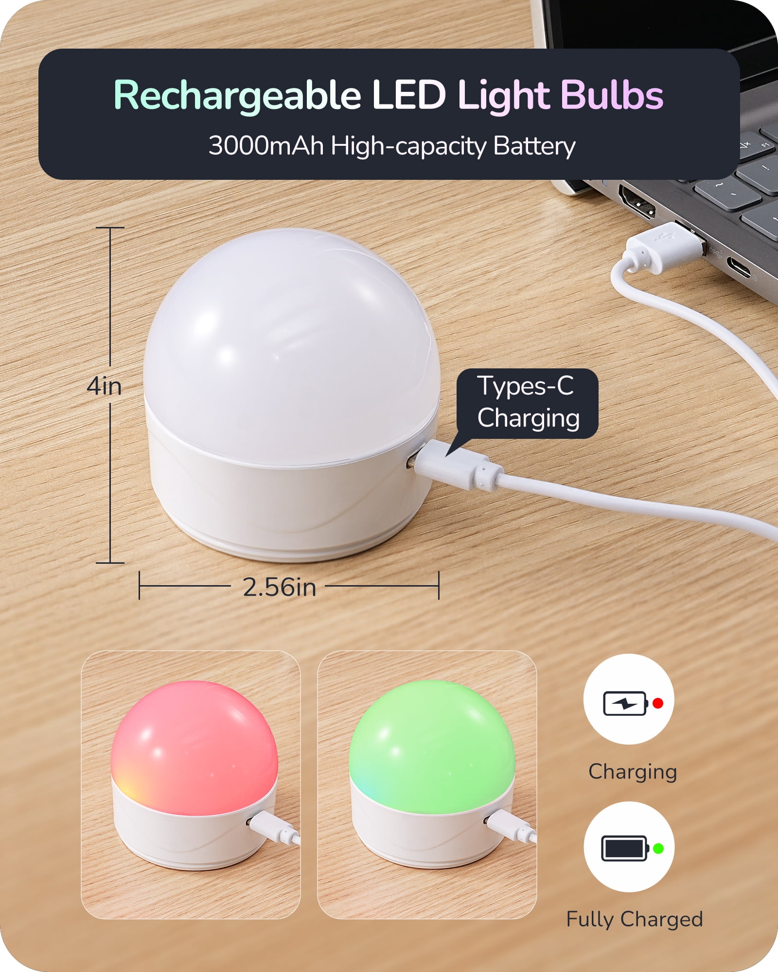 EDISHINE Rechargeable Light Bulb with Remote Control, 3000mAh Battery Operated Light Bulb, 2 Timer 12 Colors Selectable E26 350LM, Detachable LED Light Bulbs for Wall Sconces, Emergency Use
